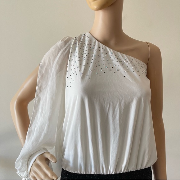 Black and White One Shoulder Ruffle Midi Pencil Dress - Picture 5 of 13